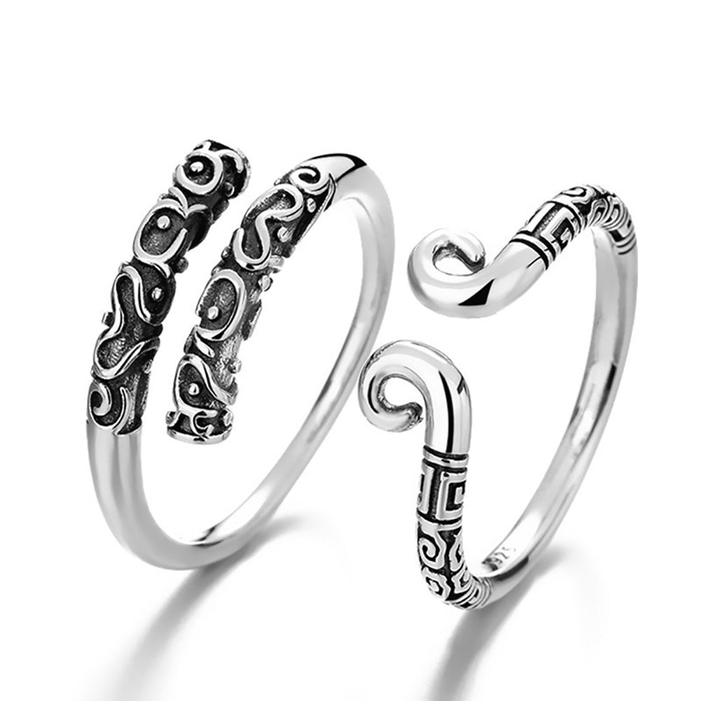 Black Myth Wukong Mythical legend Story Inspired Adjustable Alloy Black Pattern Couple Rings Set, Engraved Design