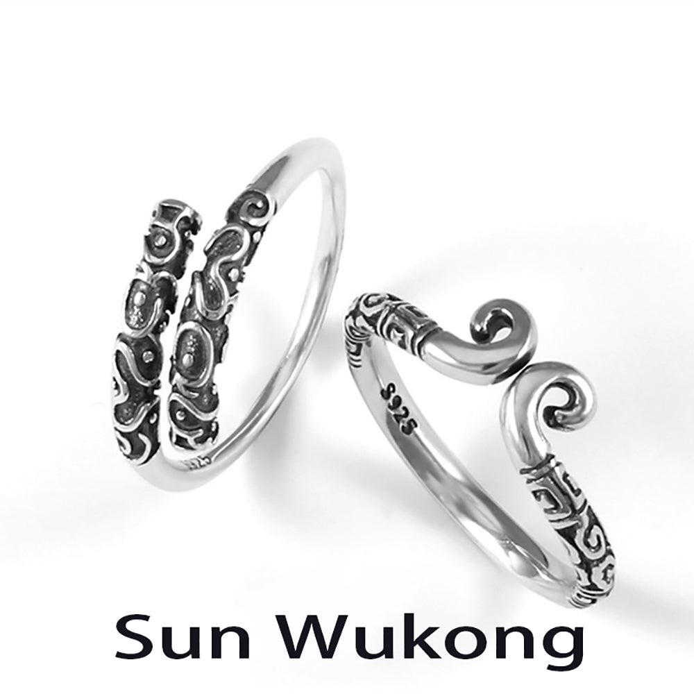 Black Myth Wukong Mythical legend Story Inspired Adjustable Alloy Black Pattern Couple Rings Set, Engraved Design