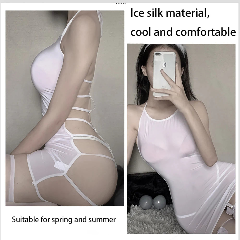 Drop Shipping Sexy Lingerie Hollow Back Bandage Cosplay Nurse Stewardess Sexy Flirt Tight Elastic Ice Silk Outdoor Sex In Public