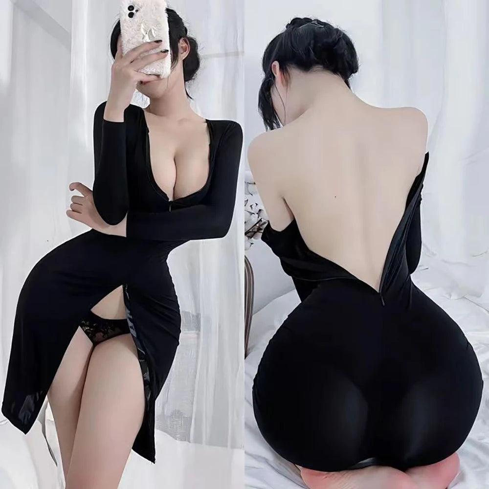 Women Sexy Tight Fitting Skirt Front Rear Zippers Outdoor Sex In Public Backless Naked Back Ice Shreds Exhibitionism