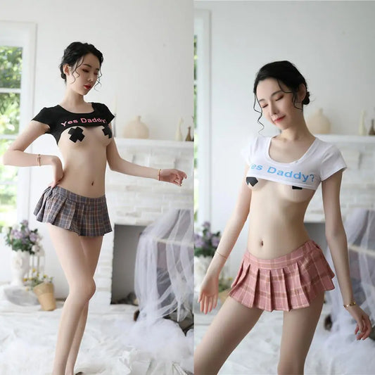 Yes Daddy Cute short Breast leakage Miniskirt Pleated Skirt T-shirt Sex Cosplay School Girl Japanese Student Sexy lingerie Gift